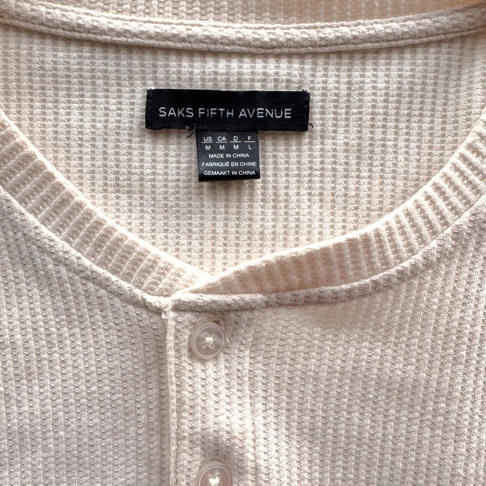 SAKS FIFTH AVENUE Ivory Waffle Knit Henley Long Sleeve Top – Size M - Picture 2 of 6